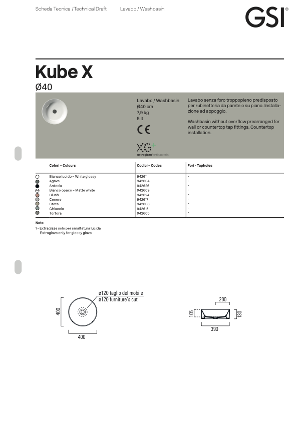 GSI Kube X აბაზანის ნიჟარა 9426 Ø40 Tortora Matt