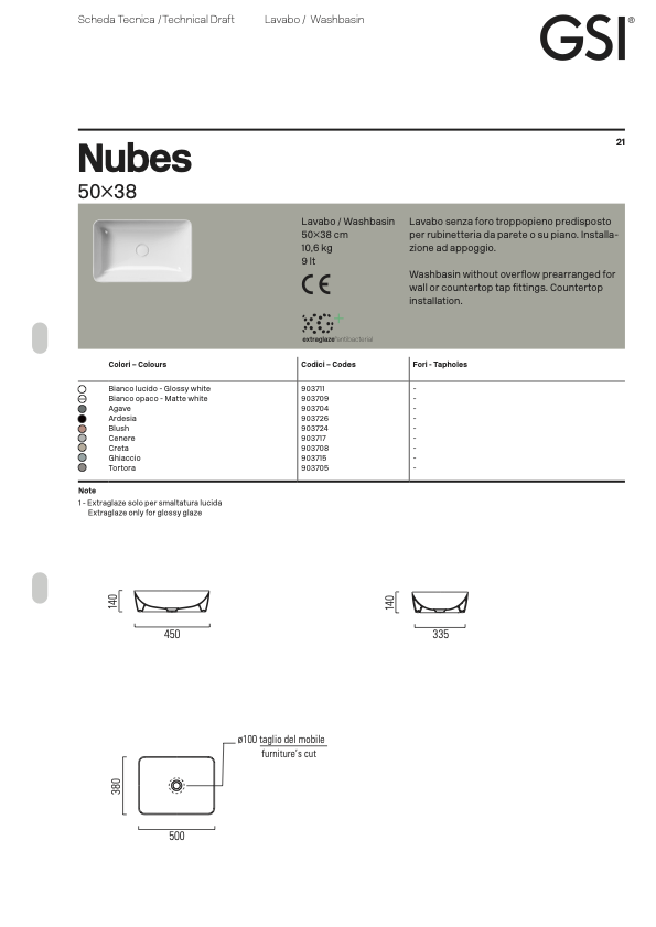 GSI Nubes აბაზანის ნიჟარა 9037 50x38 Creta Matt